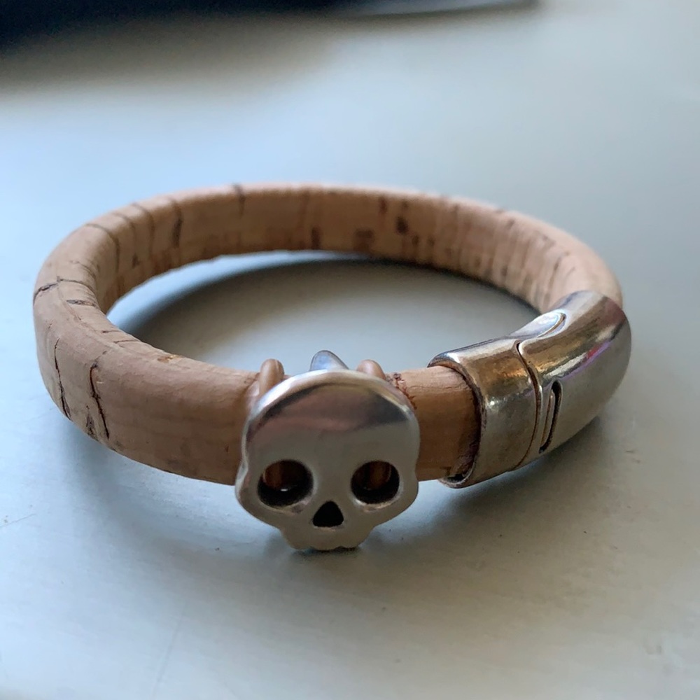 Natural cork bracelet with sterling silver skull charm
